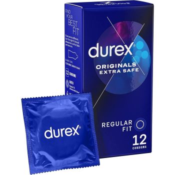 A condom in a blue metallic wrapper next to a cardboard box of condoms.