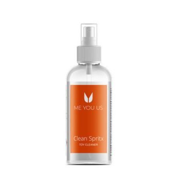 Me You Us Clean Spritz antibacterial toy cleaner. A clear plastic bottle with a spray cap with an orange label.