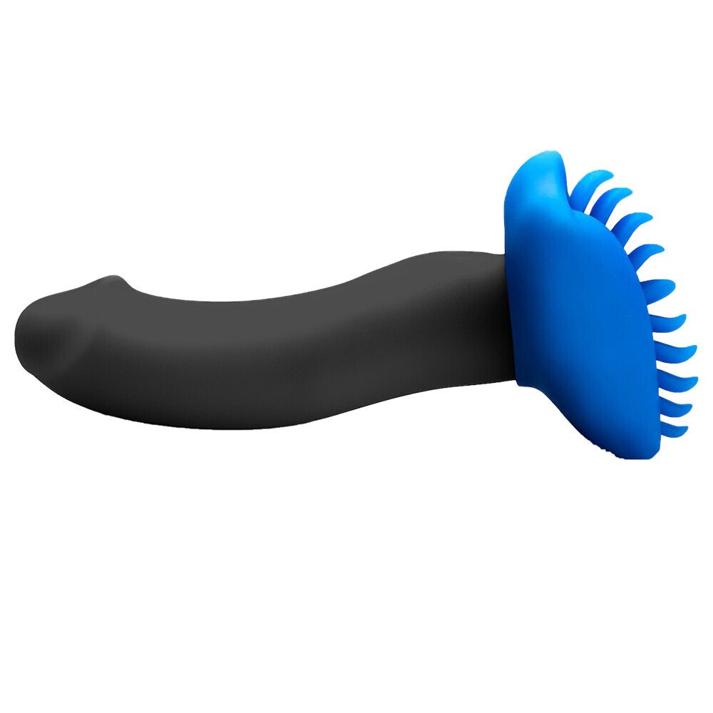 Blue Shagger Silicone grinder attached to the base of a black dildo