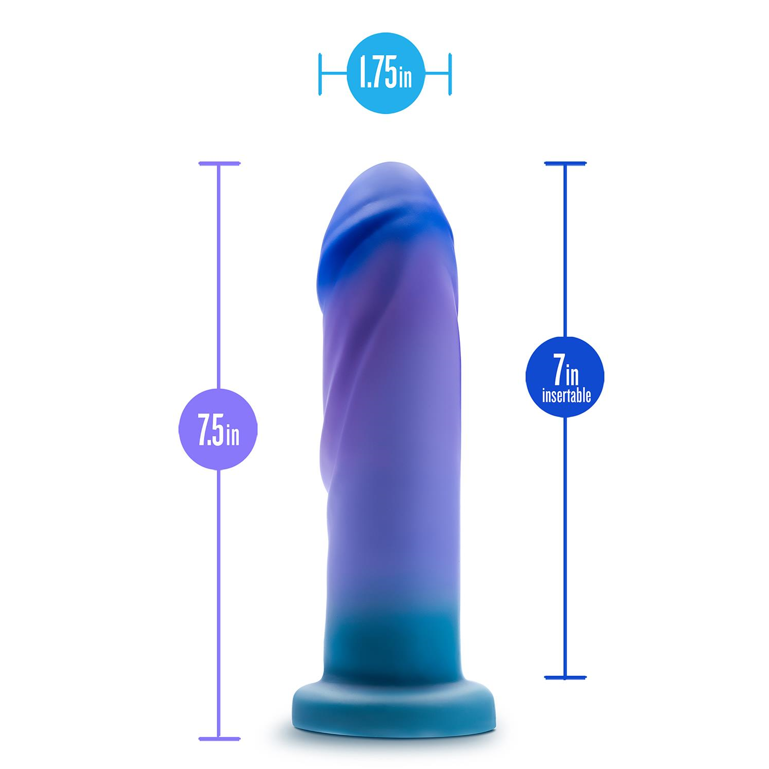 Avant Midnight Rendezvous Ocean Blue silicone dildo with dimension bars showing 7.5 inch length, 7 inch insertable length and 1.75 inch diameter