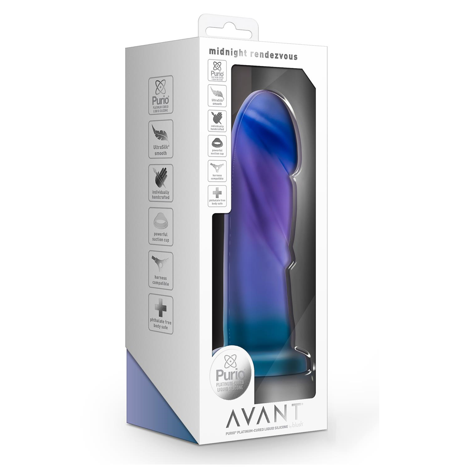 Avant Midnight Rendezvous Ocean Blue silicone dildo in its white cardboard packaging