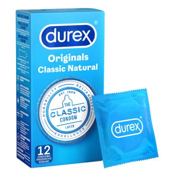 A Durex Classic condom in a blue wrapper next to a cardboard box of condoms.