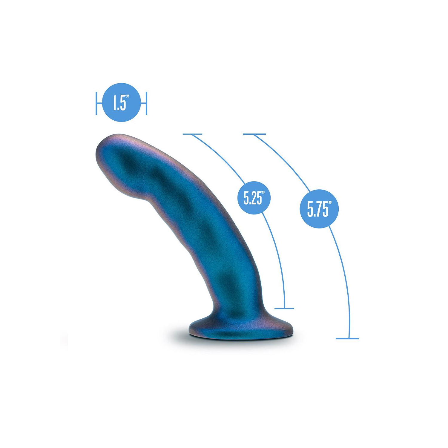 Temptasia Rebellion metallic silicone dildo with measurement bars showing 1.5 inch width, 5.75 inch length and 5.25 inch insertable length