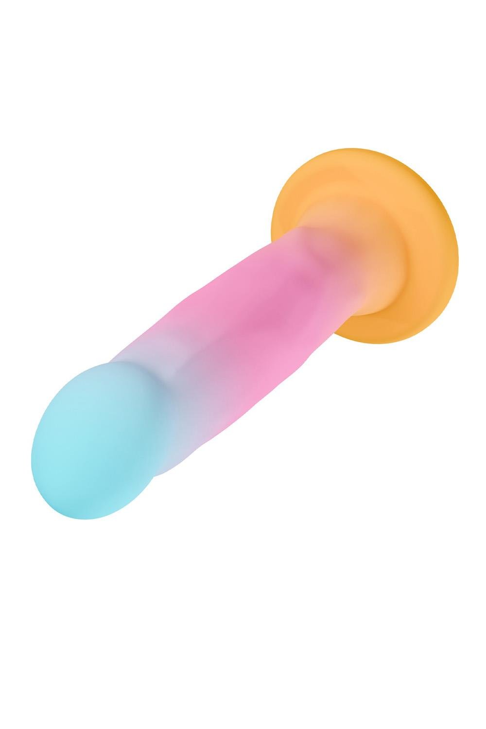 Avant Golden Dawn Harness Compatible Dildo viewed on its side with the suction cup at the rear