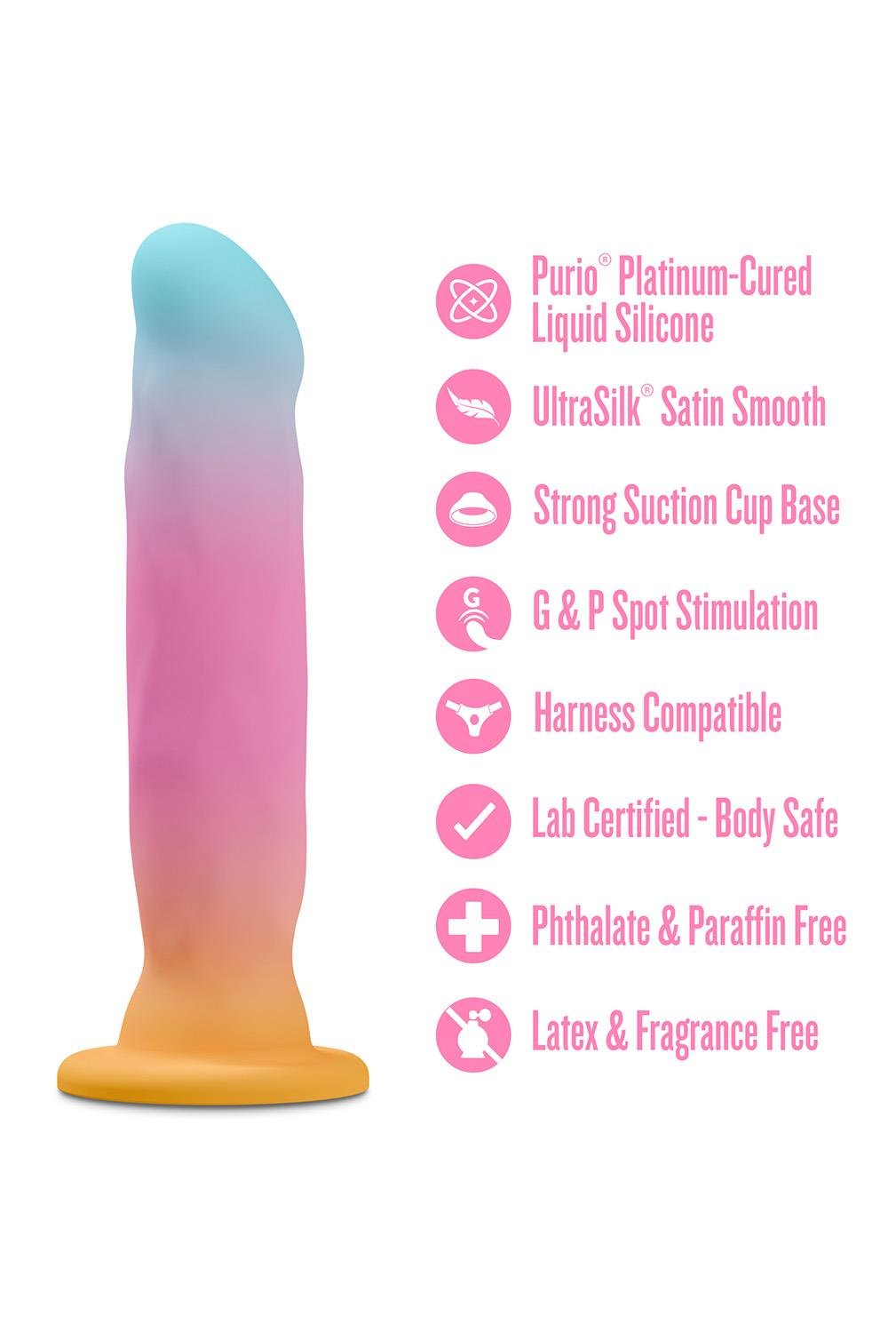 Avant Golden Dawn Harness Compatible Dildo with the text: Purio Platinum cured silione, ultrasilk satin smooth, strong suction cup base, G & P Spot stimulation, harness compatible, lab certified body safe, phthalate & paraffin free, Latex & fragrance free.